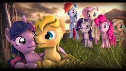 Size: 3840x2160 | Tagged: safe, artist:imafutureguitarhero, derpibooru import, applejack, fluttershy, pinkie pie, rainbow dash, rarity, twilight sparkle, twilight sparkle (alicorn), oc, oc:golden scribe, alicorn, earth pony, pegasus, pony, unicorn, 3d, 4k resolution, black bars, blushing, canon x oc, chromatic aberration, colored eyebrows, colored eyelashes, commission, female, field, film grain, floating, floppy ears, flying, grass, grin, group, horn, lying down, male, mane six, mare, nose wrinkle, outdoors, revamped ponies, shipping, signature, sky, smiling, source filmmaker, tree, wings