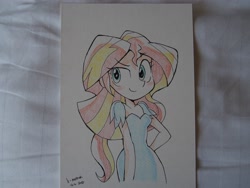 Size: 4096x3072 | Tagged: safe, artist:k-nattoh, sunset shimmer, equestria girls, blushing, clothes, dress, irl, photo, smiling, solo, traditional art