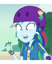 Size: 458x566 | Tagged: safe, derpibooru import, screencap, rainbow dash, better together, equestria girls, sic skateboard, animated, chewing, eating, faic, food, geode of super speed, gif, helmet, lettuce, magical geodes, rainbow dash is best facemaker, solo