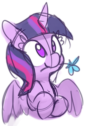 Size: 526x777 | Tagged: safe, artist:lilfunkman, twilight sparkle, twilight sparkle (alicorn), alicorn, pony, bust, cute, flower, flower in mouth, looking up, mouth hold, no pupils, simple background, sketch, smiling, solo, spread wings, twiabetes, white background