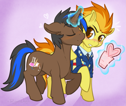 Size: 1097x928 | Tagged: safe, artist:ryunwoofie, derpibooru import, spitfire, oc, oc:hazelnut coffee, pegasus, pony, unicorn, blushing, canon x oc, clothes, eyes closed, female, kissing, male, mare, stallion, uniform