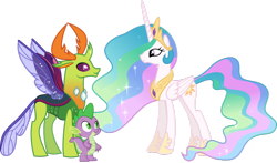 Size: 1166x685 | Tagged: safe, artist:drakizora, princess celestia, spike, thorax, alicorn, changedling, changeling, dragon, pony, to where and back again, .svg available, king thorax, simple background, transparent background, vector