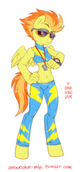 Size: 462x1000 | Tagged: safe, artist:onnanoko, derpibooru import, spitfire, anthro, belly button, clothes, midriff, solo, sports bra, sunglasses, watch, wonderbolts uniform