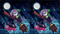 Size: 1280x720 | Tagged: safe, artist:panyang-panyang, pinkie pie, spike, dragon, earth pony, pony, broom, cloud, crossover, cute little fangs, fangs, flying, flying broomstick, full moon, harry potter, moon, open mouth, smiling, sparkles, stars, upside down