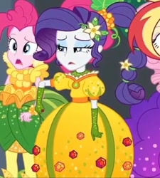 Size: 749x833 | Tagged: safe, screencap, fluttershy, pinkie pie, rarity, sunset shimmer, better together, equestria girls, holidays unwrapped, clothes, cornucopia costumes, costume, cropped, dress, inflatable dress, o come all ye squashful