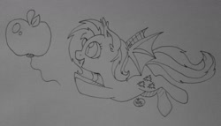 Size: 1280x733 | Tagged: safe, artist:notenoughapples, fluttershy, bat pony, pony, apple, balloon, flutterbat, flying, monochrome, smiling, solo, traditional art