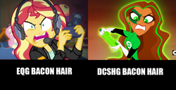 Size: 1962x1016 | Tagged: safe, edit, edited screencap, screencap, fluttershy, sunset shimmer, better together, equestria girls, game stream, bacon hair, comparison, dc superhero girls, green lantern, jessica cruz, psycho gamer sunset, sunset shimmer frustrated at game