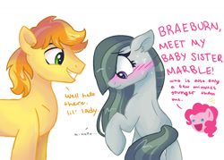 Size: 1023x731 | Tagged: safe, artist:dreamscapevalley, braeburn, marble pie, pinkie pie, earth pony, pony, :d, blushing, braeble, crack shipping, dialogue, ear fluff, female, floppy ears, looking away, looking down, male, mare, open mouth, raised hoof, shipping, simple background, smiling, stallion, straight, sweat, white background