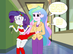 Size: 988x730 | Tagged: safe, artist:lokirofrorikstead, princess celestia, principal celestia, rarity, equestria girls, abuse, angry, belly button, blushing, breasts, cleavage, clothes, costume, female, holly, midriff, pain, panties, pink underwear, raribuse, ribbon, santa costume, show accurate, tube top, underwear, wedgie