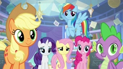 Size: 1920x1080 | Tagged: safe, derpibooru import, screencap, applejack, fluttershy, pinkie pie, rainbow dash, rarity, spike, dragon, earth pony, pegasus, pony, unicorn, the ending of the end, cute, jackabetes, shyabetes, smiling, winged spike