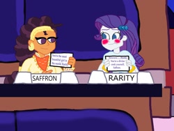 Size: 1032x774 | Tagged: safe, artist:ktd1993, rarity, saffron masala, equestria girls, blushing, equestria girls-ified, female, lesbian, match game, match game (game show), raffron, shipping