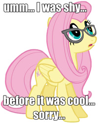 Size: 750x942 | Tagged: safe, fluttershy, pegasus, pony, before it was cool, glasses, hipster, image macro, meme, shy