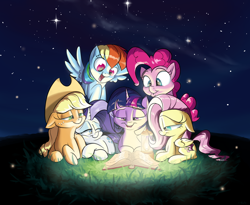 Size: 2200x1800 | Tagged: safe, artist:rocket-lawnchair, derpibooru import, applejack, fluttershy, pinkie pie, rainbow dash, rarity, twilight sparkle, earth pony, pegasus, pony, unicorn, book, cute, female, floppy ears, happy birthday mlp:fim, lantern, lidded eyes, mane six, mlp fim's ninth anniversary, night, open mouth, reading, starry night, stars