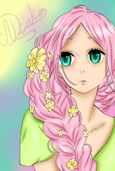 Size: 900x1334 | Tagged: safe, artist:rubyblossomva, fluttershy, human, anime, clothes, humanized, signature, solo