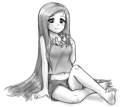 Size: 866x754 | Tagged: safe, artist:alloyrabbit, fluttershy, equestria girls, barefoot, belly button, clothes, cute, daaaaaaaaaaaw, feet, grayscale, hnnng, human ponidox, long hair, loose hair, midriff, monochrome, petting, self ponidox, shorts, shyabetes, tanktop, tiny ponies