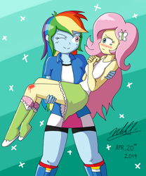 Size: 1000x1200 | Tagged: safe, artist:neutralchilean, derpibooru import, fluttershy, rainbow dash, equestria girls, blood, bridal carry, carrying, clothes, female, flutterdash, injured, lesbian, shipping, smiling