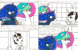 Size: 3384x2165 | Tagged: safe, artist:eternaljonathan, princess celestia, princess luna, oc, oc:nemo, alicorn, pony, comic:a new twist, comic, guardian, horn ring, royal sisters, traditional art