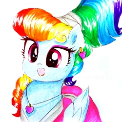 Size: 1306x1306 | Tagged: safe, artist:liaaqila, derpibooru import, rainbow dash, pegasus, pony, sparkle's seven, alternate hairstyle, clothes, cute, dress, ear piercing, female, jewelry, mare, megaradash, necklace, piercing, solo