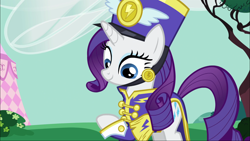 Size: 1920x1080 | Tagged: safe, screencap, rarity, pony, unicorn, testing testing 1-2-3, ancient wonderbolts uniform, clothes, female, feminism, frock coat, hat, mare, sgt. rarity, shako, solo, uniform