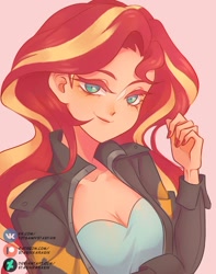 Size: 1280x1621 | Tagged: safe, artist:stasikkarasik, sunset shimmer, equestria girls, breasts, bust, cleavage, cute, deviantart, female, looking at you, patreon, patreon logo, pink background, shimmerbetes, simple background, smiling, solo, vk