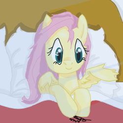 Size: 1024x1024 | Tagged: safe, artist:artawesomeness8, fluttershy, pegasus, pony, bed, bed mane, bust, dishevelled, messy mane, pillow, smiling, solo, stray strand, waking up