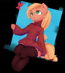 Size: 4336x4832 | Tagged: safe, artist:qweeli, applejack, butterfly, earth pony, pony, semi-anthro, clothes, female, garters, looking at something, mare, sitting, socks, solo, stockings, sweater, thigh highs, zettai ryouiki