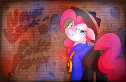 Size: 4200x2759 | Tagged: safe, artist:scarlet-spectrum, pinkie pie, earth pony, pony, testing testing 1-2-3, clothes, graffiti, hat, looking back, mc pinkie, pants, pinkie promise, rapper pie, solo, thug life