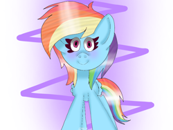 Size: 1024x768 | Tagged: safe, artist:badimo, derpibooru import, rainbow dash, pegasus, pony, abstract background, blushing, female, looking at you, mare, signature, smiling, solo, standing, wings