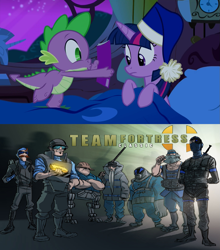 Size: 1169x1326 | Tagged: safe, derpibooru import, spike, twilight sparkle, twilight sparkle (alicorn), alicorn, dragon, pony, australium, australium bar, comic book meme, demoman, engineer, exploitable meme, female, mare, meme, obligatory pony, pyro, scout, sniper, soldier, spy, team fortress classic