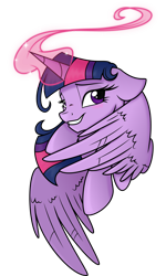 Size: 3594x6000 | Tagged: safe, artist:probablyfakeblonde, artist:spier17, derpibooru import, twilight sparkle, twilight sparkle (alicorn), alicorn, pony, absurd resolution, bedroom eyes, blushing, bust, female, floppy ears, grin, looking at you, magic, mare, portrait, pretty, simple background, smiling, solo, spread wings, transparent background, vector, wing hands