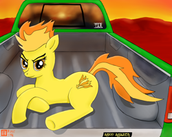 Size: 1280x1024 | Tagged: safe, artist:burstfire, derpibooru import, spitfire, prone, solo, sunset, truck