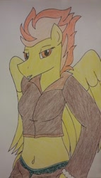 Size: 1024x1786 | Tagged: safe, artist:fluttershysshadow, derpibooru import, spitfire, anthro, belly button, clothes, midriff, panties, solo, traditional art, underwear