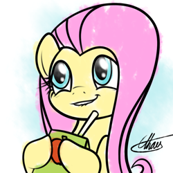 Size: 850x850 | Tagged: safe, artist:ethaes, fluttershy, pegasus, pony, scare master, juice box, lip bite, scene interpretation, simple background, smiling, solo