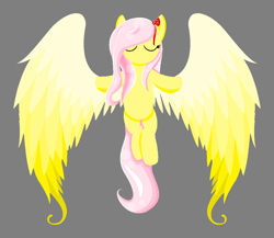 Size: 1024x889 | Tagged: safe, artist:moonmuffin1, fluttershy, pegasus, pony, bowtie, eyes closed, gray background, simple background, solo, spread wings