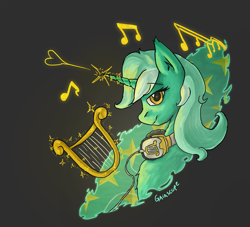 Size: 1577x1434 | Tagged: safe, artist:gaiascope, derpibooru import, lyra heartstrings, headphones, heart, lyre, magic, music, music notes, musical instrument, solo, wallpaper