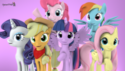 Size: 1920x1080 | Tagged: safe, artist:spinostud, derpibooru import, applejack, fluttershy, pinkie pie, rainbow dash, rarity, twilight sparkle, twilight sparkle (alicorn), alicorn, earth pony, pegasus, pony, unicorn, 3d, female, group photo, source filmmaker