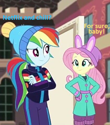 Size: 421x480 | Tagged: safe, derpibooru import, edit, edited screencap, screencap, fluttershy, rainbow dash, better together, equestria girls, holidays unwrapped, blizzard or bust, bunny ears, clothes, coat, cropped, female, hat, implied flutterdash, implied lesbian, implied shipping, innuendo, jacket, low quality, meme, netflix and chill, this will end in kisses, winter, winter outfit