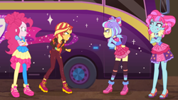 Size: 1920x1080 | Tagged: safe, screencap, kiwi lollipop, pinkie pie, sunset shimmer, supernova zap, better together, equestria girls, sunset's backstage pass!, angry, choker, clothes, feet, female, geode of sugar bombs, high heels, k-lo, legs, magical geodes, miniskirt, pantyhose, postcrush, shoes, skirt, smiling, sneakers, socks, su-z, sunset shimmer is not amused, thigh highs, tour bus, unamused, zettai ryouiki