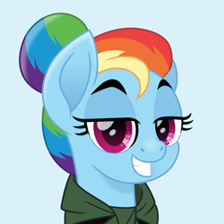 Size: 1500x1500 | Tagged: safe, artist:cloudyglow, derpibooru import, rainbow dash, pegasus, pony, bedroom eyes, crossdressing, crossover, hair bun, lidded eyes, movie accurate, mulan, teeth