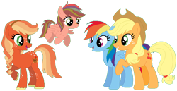 Size: 932x482 | Tagged: safe, artist:camomiie, derpibooru import, applejack, rainbow dash, earth pony, pegasus, pony, appledash, base used, family, female, lesbian, magical lesbian spawn, offspring, parent:applejack, parent:rainbow dash, parents:appledash, shipping