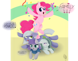 Size: 1015x800 | Tagged: safe, artist:pillonchou, boulder (pet), limestone pie, marble pie, maud pie, pinkie pie, earth pony, pony, hearthbreakers, eyes closed, hair over one eye, looking at you, open mouth, pie sisters, pile, siblings, signature, sisters, speech bubble, talking, text