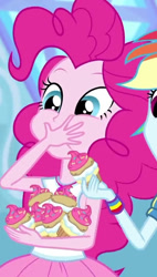 Size: 403x712 | Tagged: safe, derpibooru import, pinkie pie, rainbow dash, equestria girls, cupcake, eating, food