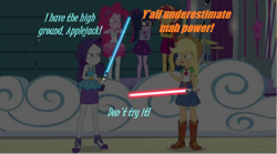 Size: 730x407 | Tagged: safe, edit, edited screencap, editor:logan jones, screencap, applejack, pinkie pie, rarity, sci-twi, sunset shimmer, twilight sparkle, equestria girls, equestria girls series, rollercoaster of friendship, angry, badass catfight, catfight, discovery family logo, duel, i have the high ground, lightsaber, movie reference, star wars, this will end in pain, this will not end well, tinted, weapon, you underestimate my power