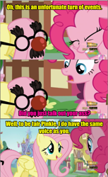 Size: 640x1045 | Tagged: safe, fluttershy, pinkie pie, earth pony, pegasus, pony, the one where pinkie pie knows, dragonball z abridged, groucho mask, pink text, voice actor joke, vulgar, yellow text