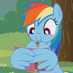 Size: 600x600 | Tagged: safe, artist:agrol, derpibooru import, rainbow dash, pegasus, pony, animated, book, chewing, cookie, cute, dashabetes, eating, female, flower, food, grass, holding, just relax and read, looking at something, mare, reading, smiling, solo, tree, wing hands, youtube link