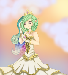 Size: 624x681 | Tagged: safe, artist:glenray35, princess celestia, human, clothes, dress, elf ears, humanized, solo