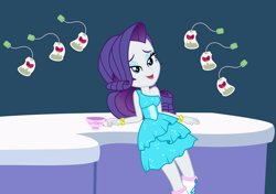 Size: 6640x4664 | Tagged: safe, artist:punzil504, rarity, discordant harmony, eqg summertime shorts, equestria girls, make up shake up, absurd resolution, clothes, counter, cup, dress, ginseng teabags, leaning back, lidded eyes, solo, teacup