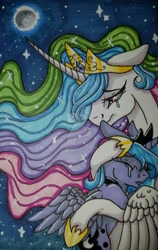 Size: 1024x1620 | Tagged: safe, artist:bleedingwings12, princess celestia, princess luna, alicorn, pony, comforting, crying, eyes closed, feels, floppy ears, hug, moon, night, royal sisters, s1 luna, security hug, traditional art, watermark