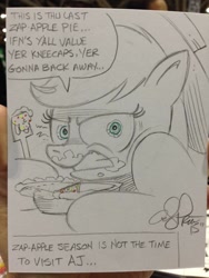 Size: 768x1024 | Tagged: safe, artist:andypriceart, applejack, earth pony, pony, angry, fork, glare, gritted teeth, looking at you, messy eating, pie, traditional art, wide eyes, zap apple