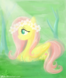 Size: 1024x1195 | Tagged: safe, artist:gjkou, fluttershy, pegasus, pony, crepuscular rays, floral head wreath, prone, smiling, solo